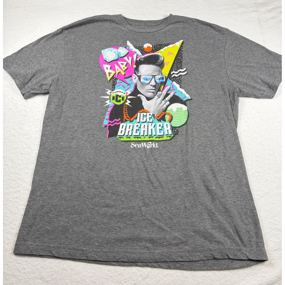 SeaWorld Ice Breaker Vanilla Ice Graphic T-Shirt Mens XL Gray Neon